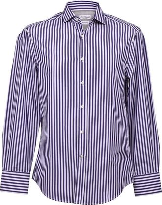 Brunello Cucinelli MenS Blue Striped Slim Fit Cotton Shirt, Size XXL