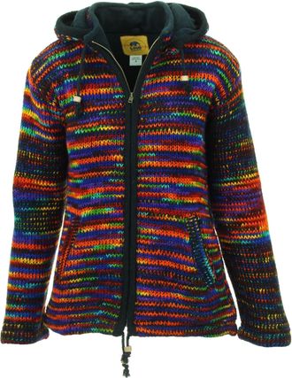 Loud Elephant Hand Knitted Wool Hooded Jacket Cardigan Ladies Cut - SD Black Rainbow (X-Large)