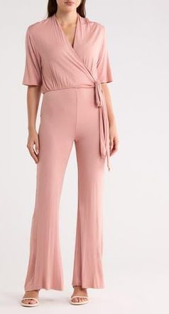 Go Couture Short Sleeve Faux Wrap Jumpsuit in Dark Mauve at Nordstrom Rack, Size X-Large