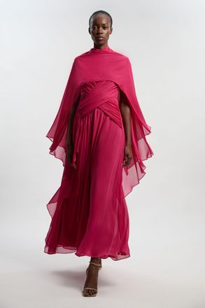 Karen Millen Womens Crinkle Cross Front Georgette Woven Maxi Dress - Pink - Size 12 UK