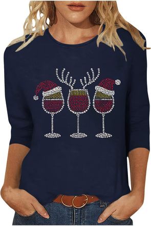 Generic Christmas T Shirts Women Light Up Christmas Tree Printed Tops Glitter Red Wine Glass Xmas Shirts Snowflake Crewneck Blouse Casual Pullover 3/4 Sleeve 
