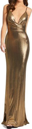 Mac Duggal Metallic Faux Wrap Spaghetti Strap Gown in Bronze at Nordstrom, Size 16