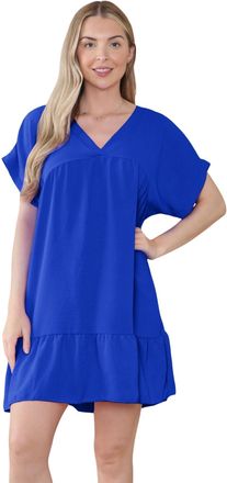 Janisramone Women Italian V-Neck Smock Dress, Stylish Short Sleeve Ruffle Hem Pleated Swing Summer Mini Dress, Flared Smock Dresses, Beach Dresses for Women UK Ro