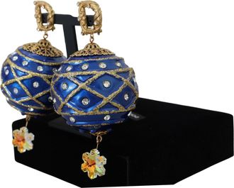 Dolce & Gabbana Womens Gold Brass Blue Dangle Ball Crystal Clip On Earrings Glass