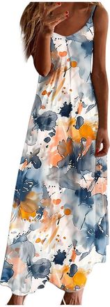 Generic Maxi Dresses for Women UK Sleeveless Spaghetti Strap Dress Summer Floral Print V Neck Dresses Casual Oversized Strappy A-line Dress Baggy Holiday Vaca