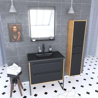 Aurlane Mueble De Ba&ntilde;o 80cm, Lavabo Negro, Espejo Led Y Columna - Roble Y Negro