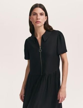 Finery Orion Zip Front Midi Shirt Dress in Black at Nordstrom, Size 14
