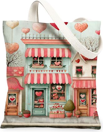 Generic ValentineS Day Pastel Hearts Canvas Tote Bags, Vintage Floral Pattern Reusable Grocery Bags, Lightweight Washable Shoulder, Pastel, 13x15 Inch