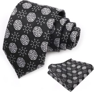 Alizeal Mens 8cm Regular Floral Pattern Tie and Hanky Unique Classic for Business Wedding Necktie Set, Black+White