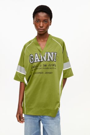 Ganni Green Future Mesh Oversized T-shirt in Golden Cypress Size Small/Medium Polyester Womens