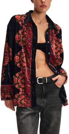 Free People One Night Placed Print Velvet Button-Up Shirt in Night Owl Combo at Nordstrom Rack, Size X-Large