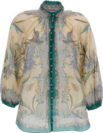 Zimmermann Cream Indra Billow Floral Cotton-Silk Blouse