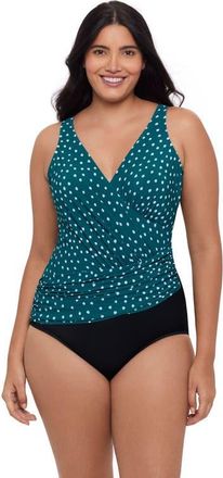 Trimshaper Addison Surplice One-Piece Control Swimsuit in Sea Stones Peacock at Nordstrom, Size 16