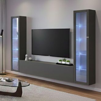 Dmora Pared Equipada Dduc, Conjunto De Sal&oacute;n Mueble De Tv Con 3 Puertas, Mueble De Sal&oacute;n Polivalente Con Vitrina Y Luz Led, 100% Made In Italy, Cm 260x30h18