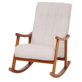Hhg Nunca Usado] Silla Mecedora Hhg 857, Sill&oacute;n Relax, Madera Mvg, Tela/tejido Chenilla (465 G/m&sup2;), Color Crema, Estructura Con Acabado En Nogal