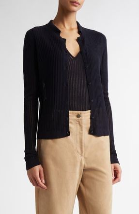Max Mara Kassel Silk & Wool Rib Cardigan in Navy at Nordstrom, Size Large