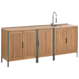 Beliani Conjunto De 3 Armarios De Madera De Acacia Para Cocina Exterior Con Fregadero Y Grifo Estantes Encimera De Madera Maciza Acero Inoxidable Marr&oacute;n Ivrea