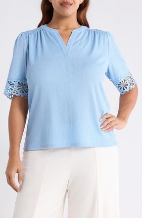 Anne Klein Crepe Lace Trim Top in Lakeshore at Nordstrom, Size 3X