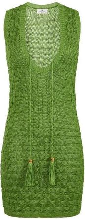 Elisabetta Franchi Kleedjes, Dames, Groen, L, Linnen, Mini-jurk van gebreide stof met kwastjes