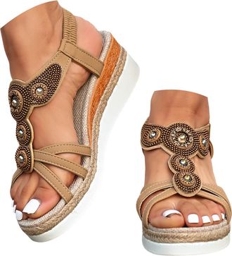 Generic Womens Thick Soled Wedge Heeled Sandals Fashionable Rhinestone Beaded Hollow Beach Sandal Elastic Ankle Strap Sandals Women Dressy (Brown, 6.5)