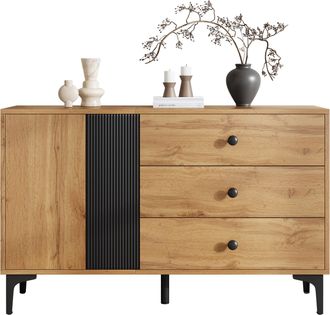 STILVORA Aparador Con 1 Puerta Y 3 Cajones, Patas De Metal, Estilo Moderno, En Tablero De Part&iacute;culas, Negro Y Natural, 120&times;35&times;76 Cm