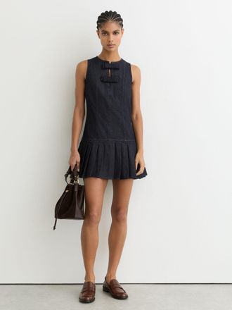 Reiss Indigo Blue Sleeveless Pleated Denim Mini Dress, 18
