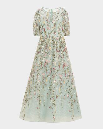 Teri Jon Floral-Embroidered Shimmer Mesh Gown