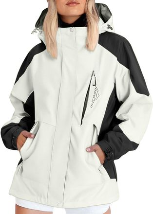 Generic Womens Hooded Raincoat Windproof Waterproof Jacket with Full Zip Pockets Sun Protection Outdoor Sports Long Hiking Travel Parka, C-White, 3XL