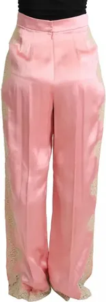 Dolce & Gabbana Pink Lace Trimmed Silk Satin Wide Legs Womens Pants (Pre-Owned)