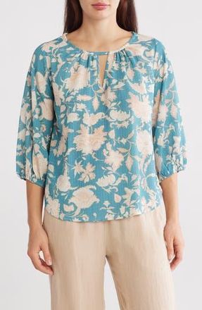 Renee C Floral Keyhole Balloon Sleeve Top in Blue at Nordstrom Rack, Size X-Large
