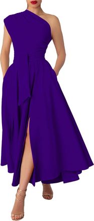 Generic Womens One Shoulder Strap Belted Formal Wedding Guest Maxi Dress with Ladies Costume, purple, M