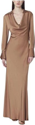 SIMKHAI Lange Mouw Cowl Neck Maxidress - Dames - Maxi kleedjes - Bruin - M - Satijn - Kleedjes