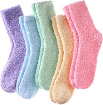 Generic 5 Pairs Fluffy Socks Womens - Soft Cosy Fuzzy Ladies Winter Warm Sleeping Bed Socks for Gifts, UK 4-8 (06-Pink/Green/Blue/Yellow/Purple)