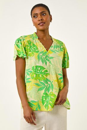 Roman Leaf Print Shirred V-Neck Top