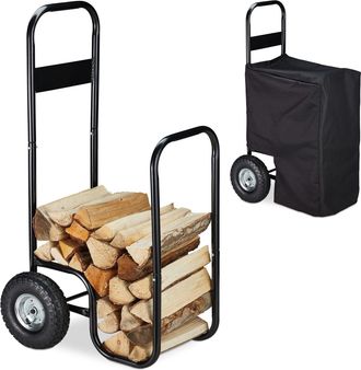 Relaxdays Carro Para Le&ntilde;a Con Ruedas, Carretilla Le&ntilde;os, Le&ntilde;ero Con Funda Protectora, Acero, 60kg, Para Almacenaje, Negro - Relaxdays