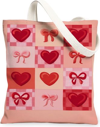 Generic ValentineS Day Heart Pattern Canvas Tote Bags, Romantic Bow Design Reusable Grocery Bags, Lightweight Washable Shoulder St, Peach, 13x15 Inch