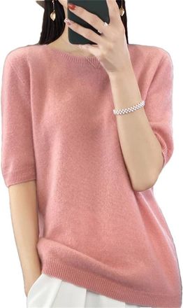 Generic Women 100% Merino Wool Knitted Sweater T Shirt Short Sleeve Seamless Pullover Solid Slim Jumper Pinrk XL