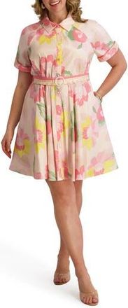 Kensie Floral Short Sleeve Taffeta Fit & Flare Shirtdress in Blush Multi at Nordstrom Rack, Size 2X