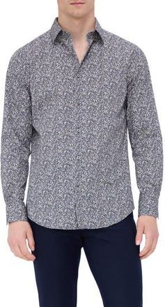 Bugatchi Julian Shaped Fit Leaf Print Button-Up Shirt in Khaki at Nordstrom Rack, Size Xxx-Large