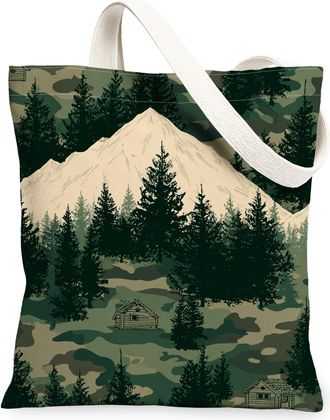 Generic Mountain Forest Canvas Tote Bags, Rustic Nature Pattern Reusable Shopping Bags, Eco-Friendly Lightweight Washable Shoulder, Green, 13x15 Inch