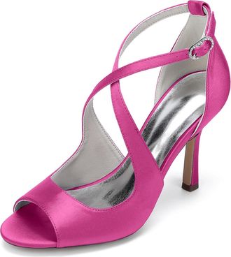 Generic Wedding Bridal Shoes Women Pumps Peep Satin Open Toe Strap Stiletto High Heel Dress Shoes Pumps Office Party Wedding9.5Cm,Fuchsia,10 UK