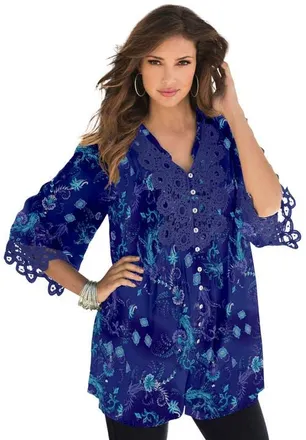 Roaman's Plus Size Juliet Lace Trim Button-Down Shirt in Evening Blue Intricate Paisley at Nordstrom, Size 18