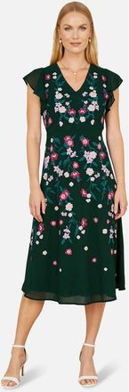Yumi Floral Embroidery Midi Skater Dress in Green at Nordstrom, Size 12