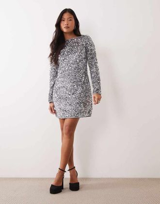Vero Moda Petite vestito midi con paillettes, maniche lunghe e scollo a barchetta argento-Neutro