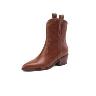 Generic Womens Pointed Toe PU Leather Ankle Boots Pull Tab Low Block Heels Slip On Western Stitching Soft Lining Cushioned Insole Durable Outsole,Camel,3.5 UK