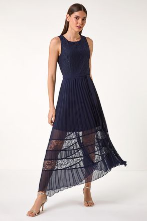 Roman Pleated Lace Detail Midi Dress