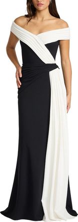 Tadashi Shoji Off the Shoulder Draped Crepe Gown in Black/Ivory at Nordstrom, Size Xx-Large