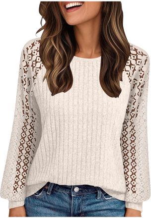 Generic Womens Long Sleeve Shirts Ribbed Knitted Plain Jumpers Loose Blouses Business Casual Jumpers Tops Ladies Lace Crewneck Lightweight Work Shirt Trendy F