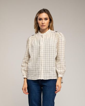 Tantra Geruite blouse met opstaande kraag en borduursel op de schouder en rug