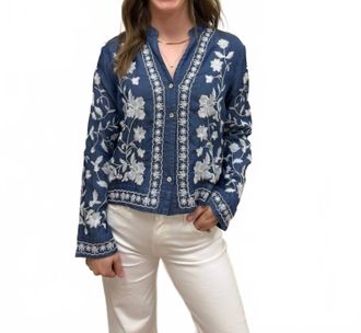 En Cr&egrave;me Long Sleeve Embroidered Button Down Top In Dark Denim